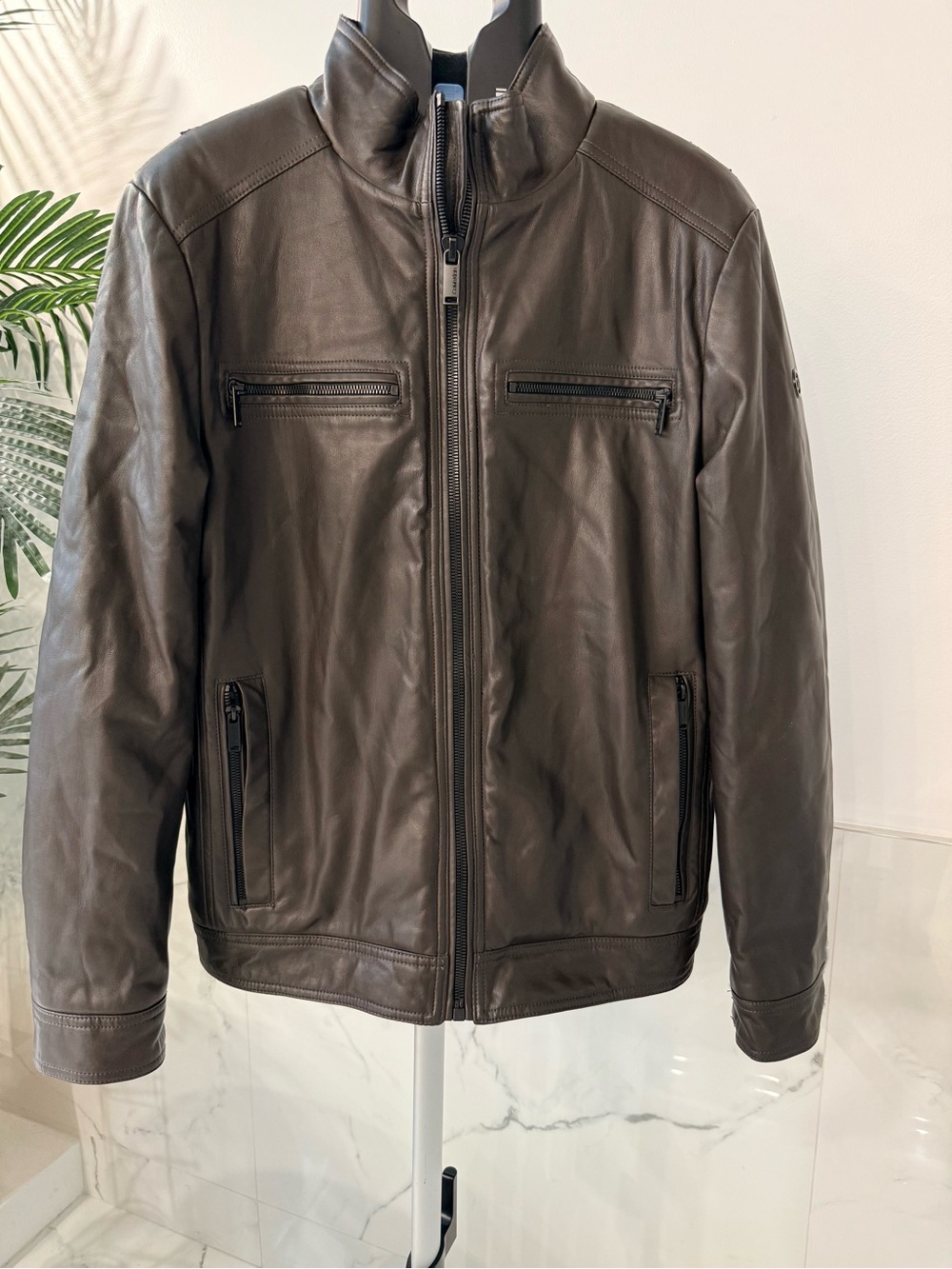 Calvin Klein Faux Leather Sherpa Lined Moto Jacket Brown Mens M